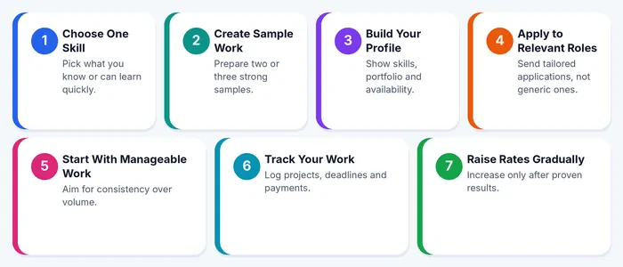 Seven steps to start part-time online jobs from home, from choosing a skill to raising your rates