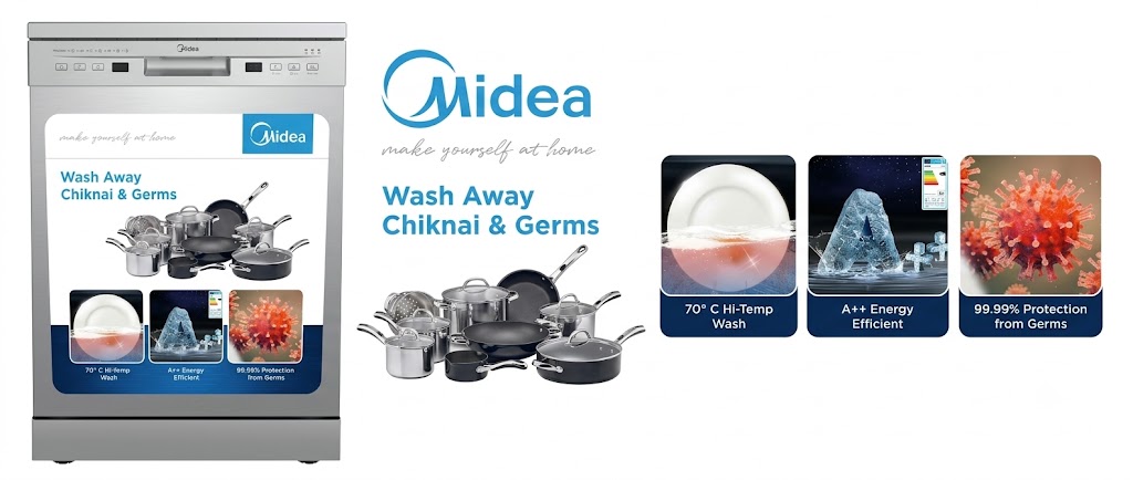 Midea WQP12 5201F dishwasher, one of the best dishwashers in India