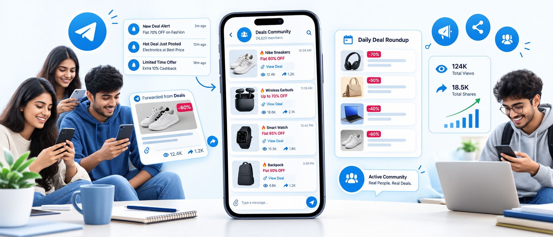 Prompt: Professional realistic editorial illustration of an active Telegram deals community, showing a smartphone with multiple deal notifications, engaged members, forwarded deal posts, daily deal roundup cards, notification icons, and engagement indicators such as views and shares. Modern clean composition, light background, polished digital illustration, professional business blog aesthetic, subtle Telegram-inspired blue accents, no logos, no unnecessary text