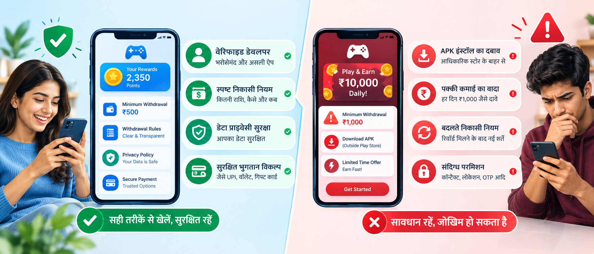 पैसे कमाने वाले गेम ऐप में सुरक्षित और जोखिम वाले ऐप की पहचान